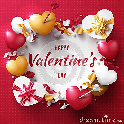 Valentine`s day background with 3D hearts, love arrow, and gift box. Vector Illustration