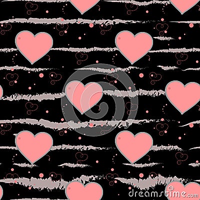 Valentine s Day background. Grunge brush strokes Hearts and Stripes Seamless pattern. Love. Vector Illustration