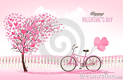 Valentine`s Day background with a heart shaped tree and a bicycl Vector Illustration