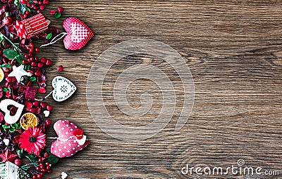 Valentine`s Day Background with love themed elements like cotton and paper hearts Stock Photo