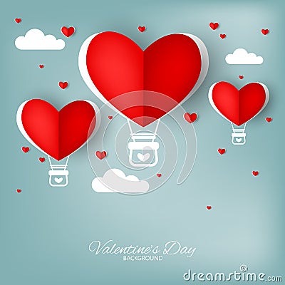 Valentine`s day background of heart shape hot air balloon with heats and lined pattern on blue sky with white clouds. Vector Illustration