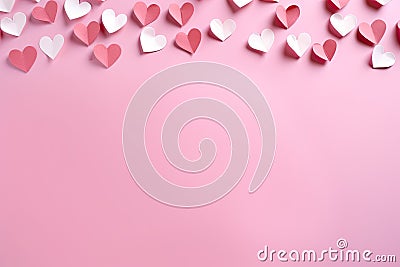 Valentine's day background with paper hearts on pink background, love paper craft hearts - flat lay on pink valentines or Stock Photo