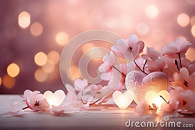 Valentine's day background in pink tones with glowing hearts and sakura flowers, horizontal luxury glamour romantic backdrop Stock Photo