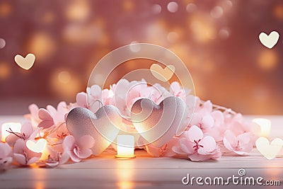 Valentine's day background in pink tones with hearts and flowers, romantic backdrop, horizontal luxury glamour wedding card Stock Photo