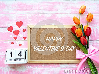 Valentine`s Day Background. Red Heart, 14 February wooden calendar, Flower on Wooden background Stock Photo