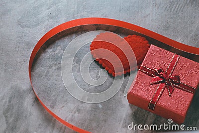 Valentine`s day background,red heart with red white rose ,ribbon Stock Photo