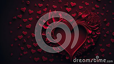Valentine's day background with red hearts, 3d rendering, abstract background, elegant design, dark red floral heart with many Cartoon Illustration