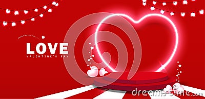 Valentine's day background Red podium for product display decor heart neon light and elements for festive. Vector Illustration