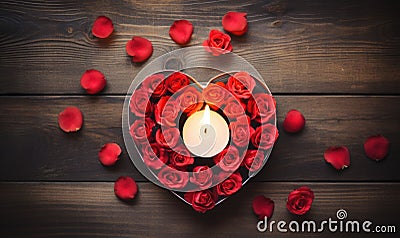 Valentine's Day background with red roses and candles on wooden table Stock Photo