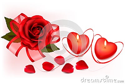 Valentine`s day background. Red roses and two heart candles. Vector Illustration
