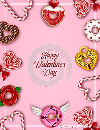 valentine's day background with sweets. valentine card with donuts and candies Vector Illustration