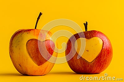 Valentine`s Day background. The two apples exchanged hearts. Romantic background for the holiday Stock Photo