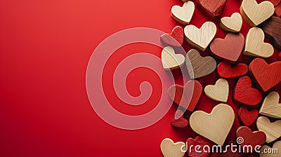Valentine's day background with wooden hearts on red background Stock Photo