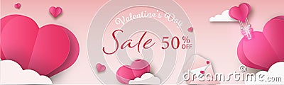 Valentine`s day baner of sale in cut paper style with cloud and hearts on gentle pink romantic background Stock Photo