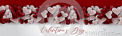 Valentine`s Day banner design. Romantic love 3d hears decoration. Design concept for website header or newsletters. Vector Illustration