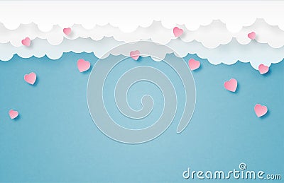 Valentine`s day banner with falling heart from clouds in paper cut style. Digital craft paper art Valentines day concept Vector Illustration