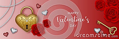 Valentine`s day banner with love padlock, diamonds, pearls and red roses. Vector Illustration