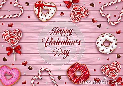 valentine's day banner with sweets on wooden background. valentine poster with donuts, candy canes and lollipops Vector Illustration