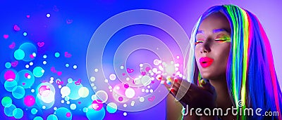 Valentine`s day. Beauty girl on disco party in neon light Stock Photo