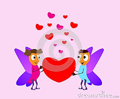 Valentine`s Day. Boy and girl elf. Love cards. Red and pink folded hearts. Vector illustration background Vector Illustration