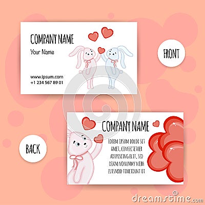 Valentine`s Day business cards with cute bunnies. Cartoon style. Vector illustration Cartoon Illustration