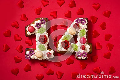 Valentine`s Day cake with 14 number shape and hearts Stock Photo