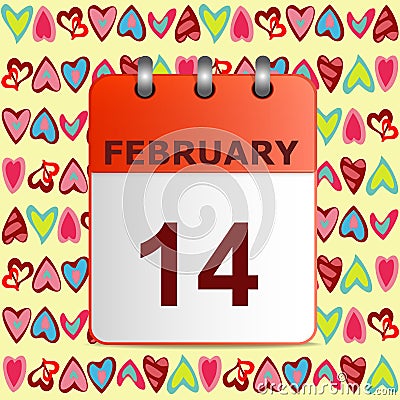 Valentine`s day, calendar icon on pattern with colorful hearts. Vector Illustration