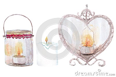 Valentine`s day candles set. Watercolor hand painted antique heart shaped candlestick and candle in a jar isolated on white backgr Stock Photo