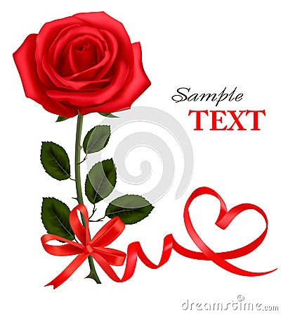 Valentine`s day card. Beauty red rose with bow Vector Illustration