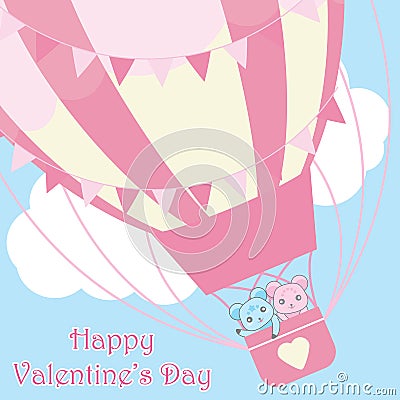 Valentine`s Day card with cute bears in hot air balloon on the sky Vector Illustration