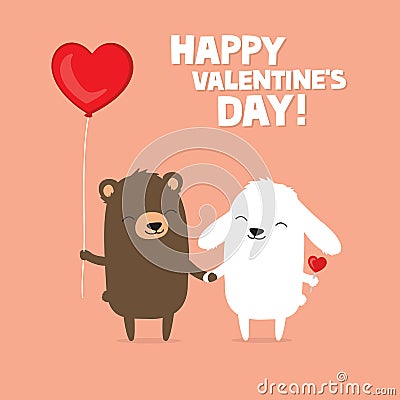 Valentine`s Day card with cute cartoon bear and bunny rabbit holding hands Stock Photo