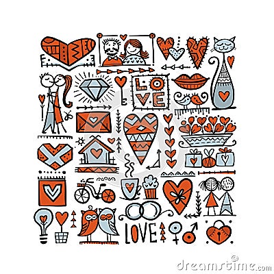 Valentine`s day card design. Love icons collection. Wedding set. Vector Illustration