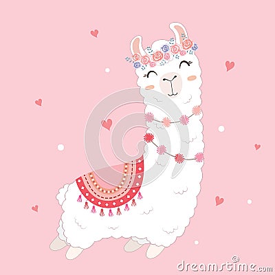 Valentine`s day card featuring a cute llama Vector Illustration