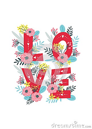 Valentine`s Day card with flowers. Cards, posters, for Valentine`s Day, wedding and birthday. Vector illustrations Vector Illustration