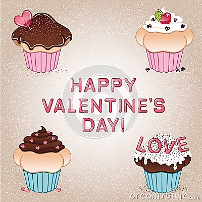 Valentine`s day card with four cupcakes, heart shaped lollipop and candies, cherry, sprinkles, chocolate and vanilla cream Vector Illustration