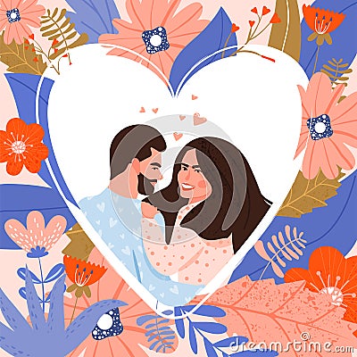 Valentine`s day card with happy couple. Man hugging his lady. Vector Illustration