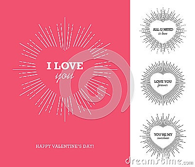 Valentine`s day card with heart shaped frame and sunburst Vector Illustration