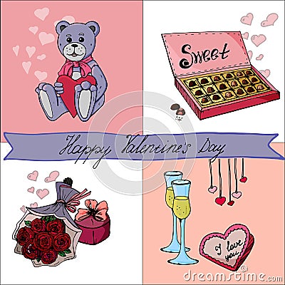 Valentine`s day card with lettering and doodles Vector Illustration