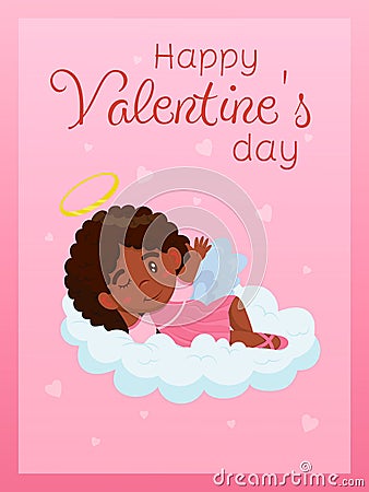 Valentine's Day card with little girl angel on a cloud. Relationship, love, Valentine's day, romantic concept Vector Illustration