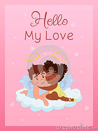 Valentine's Day card with little girl and boy angell on a cloud. Relationship, love, Valentine's day, romantic concept Vector Illustration