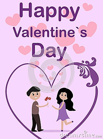 Valentine's Day card. Pink childrens greeting card. The guy gives flowers to the girl. Arch in the form of a heart Cartoon Illustration