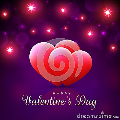 Valentine`s day card, red hearts on magenta, purple background with bright lights. Happy valentine day banner. Invitation Vector Illustration