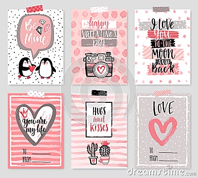 Valentine`s Day card set - hand drawn style with calligraphy. Vector Illustration