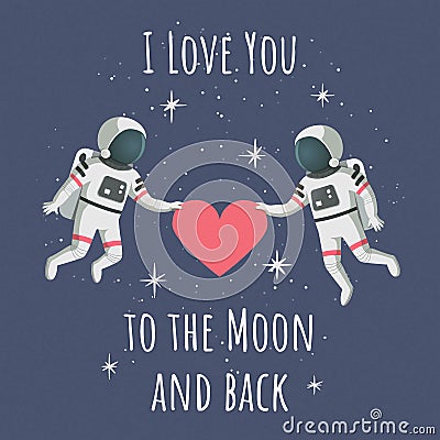 Valentine`s day card template. Couple of astronauts holding a heart. Vector Illustration