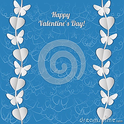Valentine's Day card with white garlands of hearts and butterflies. Vector Illustration