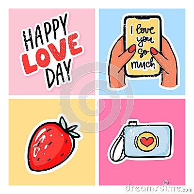 Valentine's day cards set. Hand drawn Colored trendy illustration. Romantic vector posters with camera, phone in hand Cartoon Illustration