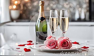 Valentine's Day champagne glasses on romantic table Stock Photo