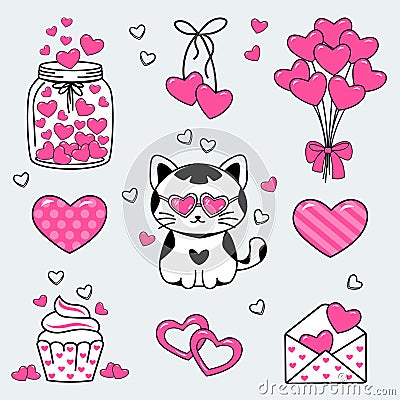 Valentine's Day clipart collection of cat jar hearts cake letter Vector Illustration