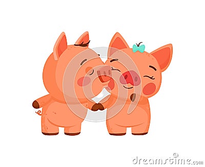 Valentine`s day clipart. Cute piggy kisses a girlfriend. Declaration of love, first love. Vector Illustration