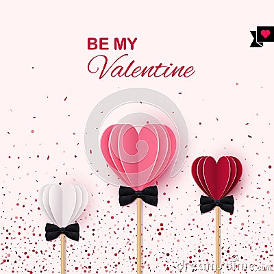 Valentine`s day concept banner with red, pink, white paper hearts on stick with tie-bow on blush background. Vector illustration. Vector Illustration